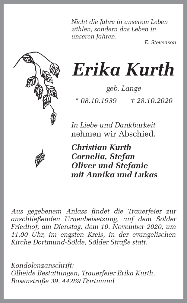  Traueranzeige für Erika Kurth vom 31.10.2020 aus Ruhr Nachrichten