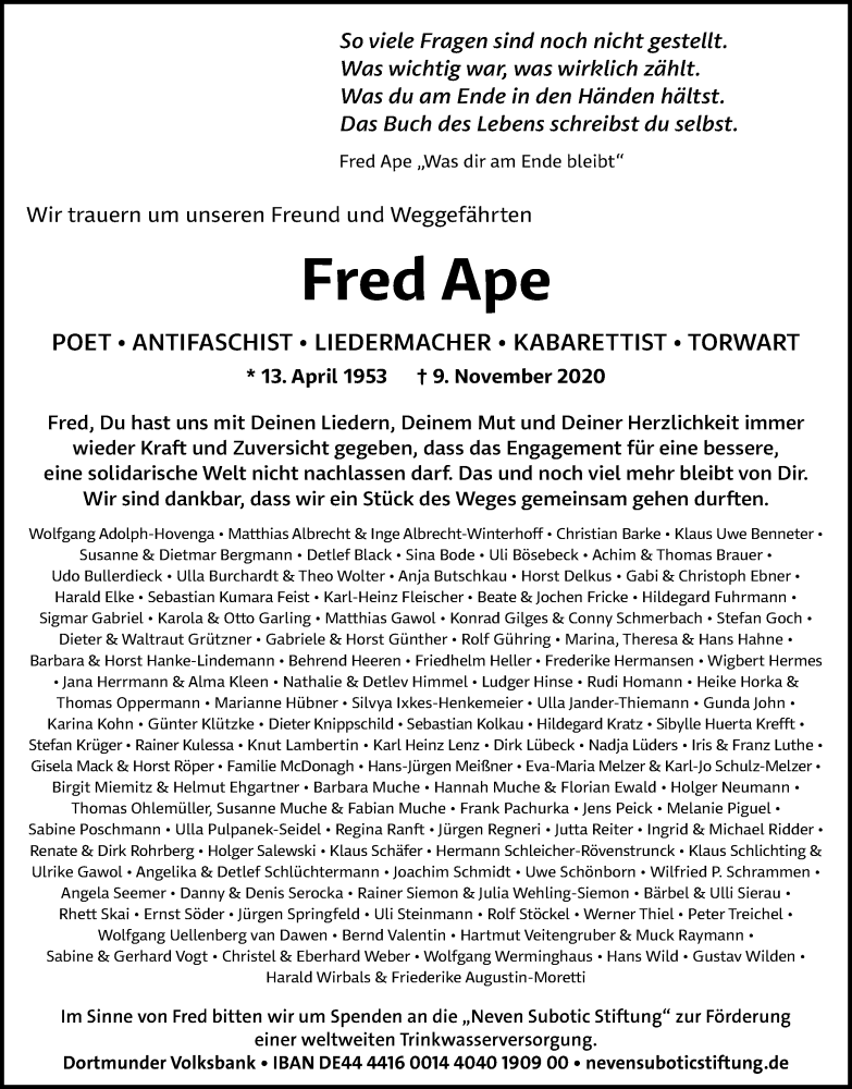  Traueranzeige für Fred Ape vom 14.11.2020 aus Ruhr Nachrichten