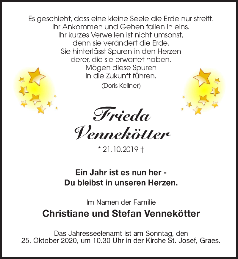  Traueranzeige für Frieda Vennekötter vom 21.10.2020 aus Münstersche Zeitung und Münsterland Zeitung