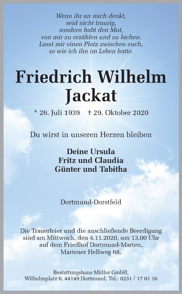  Traueranzeige für Friedrich Wilhelm Jackat vom 31.10.2020 aus Ruhr Nachrichten