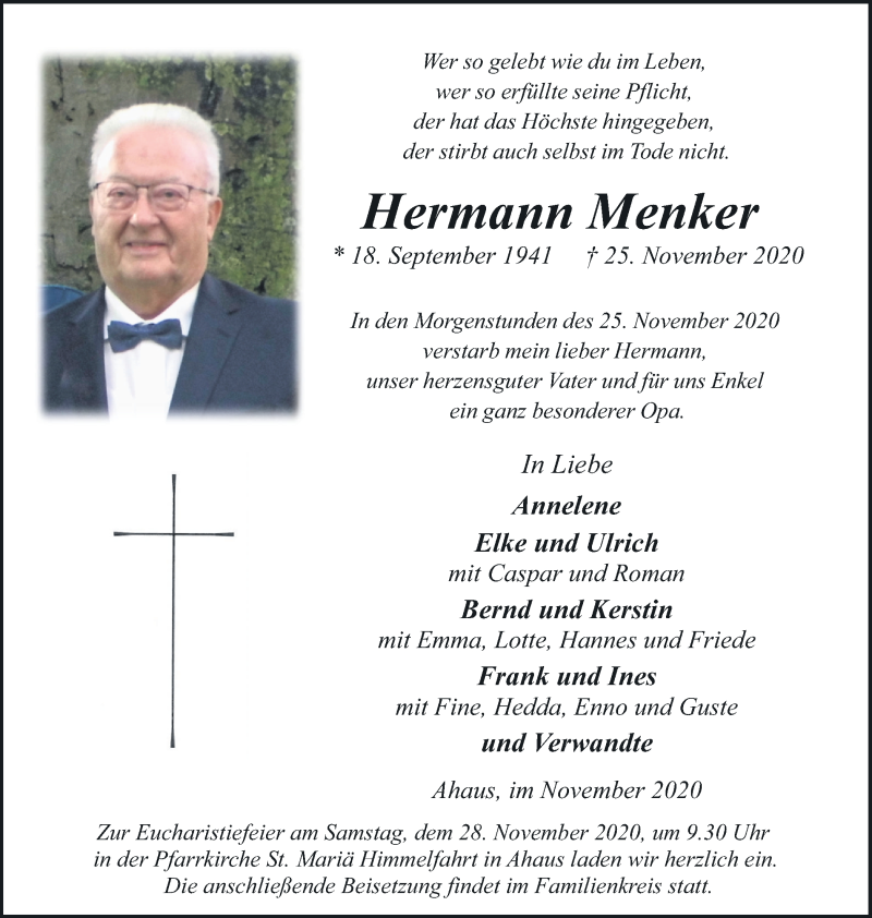  Traueranzeige für Hermann Menker vom 26.11.2020 aus Münstersche Zeitung und Münsterland Zeitung