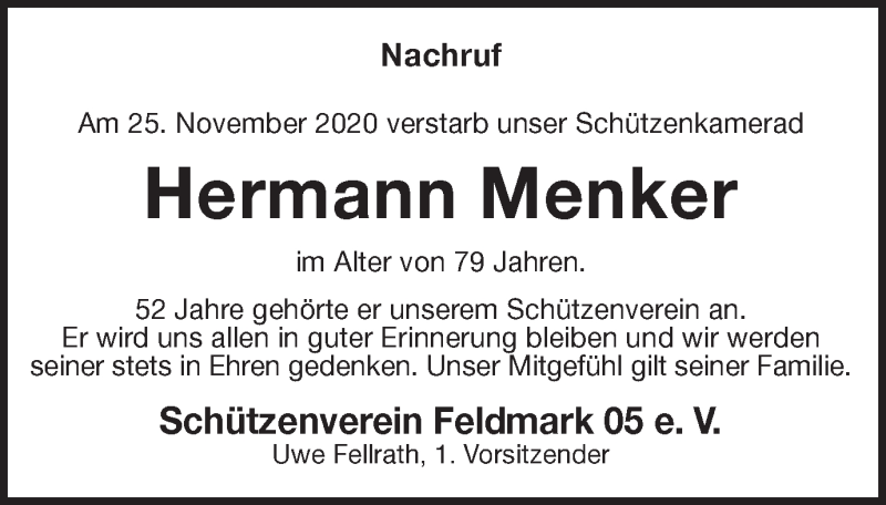  Traueranzeige für Hermann Menker vom 27.11.2020 aus Münstersche Zeitung und Münsterland Zeitung