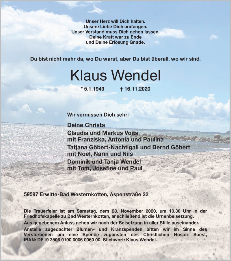  Traueranzeige für Klaus Wendel vom 21.11.2020 aus Hellweger Anzeiger