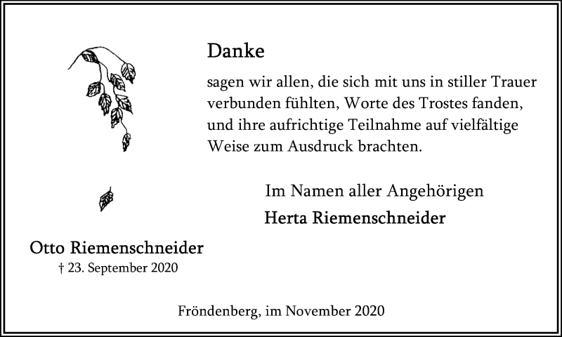  Traueranzeige für Otto Riemenschneider vom 14.11.2020 aus Hellweger Anzeiger