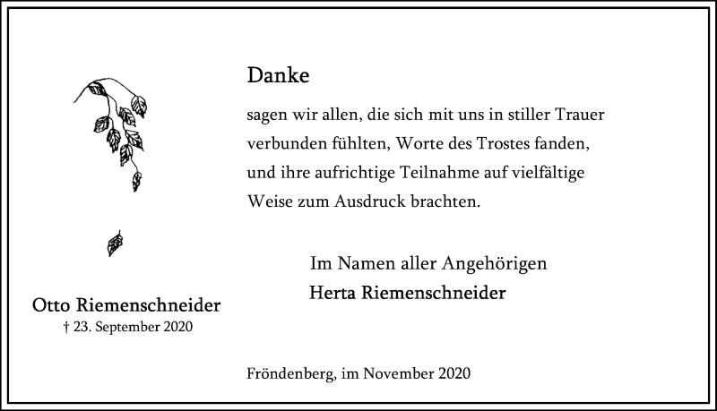  Traueranzeige für Otto Riemenschneider vom 14.11.2020 aus Ruhr Nachrichten