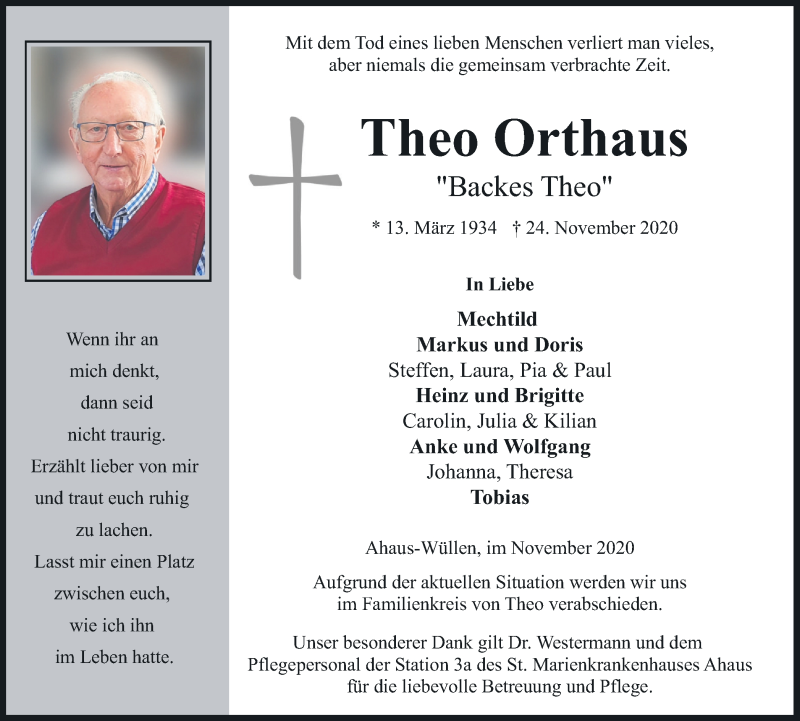  Traueranzeige für Theo Orthaus vom 27.11.2020 aus Münstersche Zeitung und Münsterland Zeitung