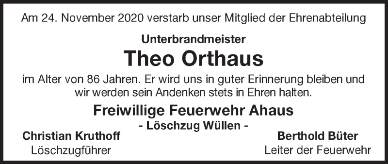  Traueranzeige für Theo Orthaus vom 28.11.2020 aus Münstersche Zeitung und Münsterland Zeitung