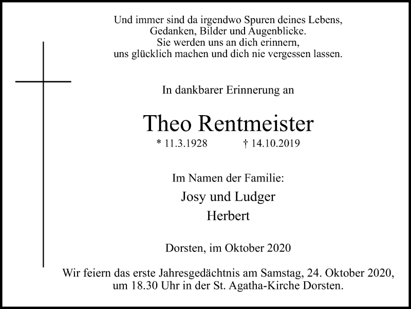  Traueranzeige für Theo Rentmeister vom 20.10.2020 aus Ruhr Nachrichten und Dorstener Zeitung