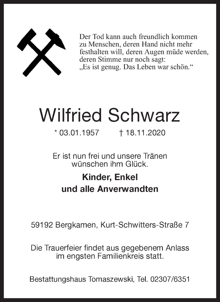  Traueranzeige für Wilfried Schwarz vom 21.11.2020 aus Hellweger Anzeiger