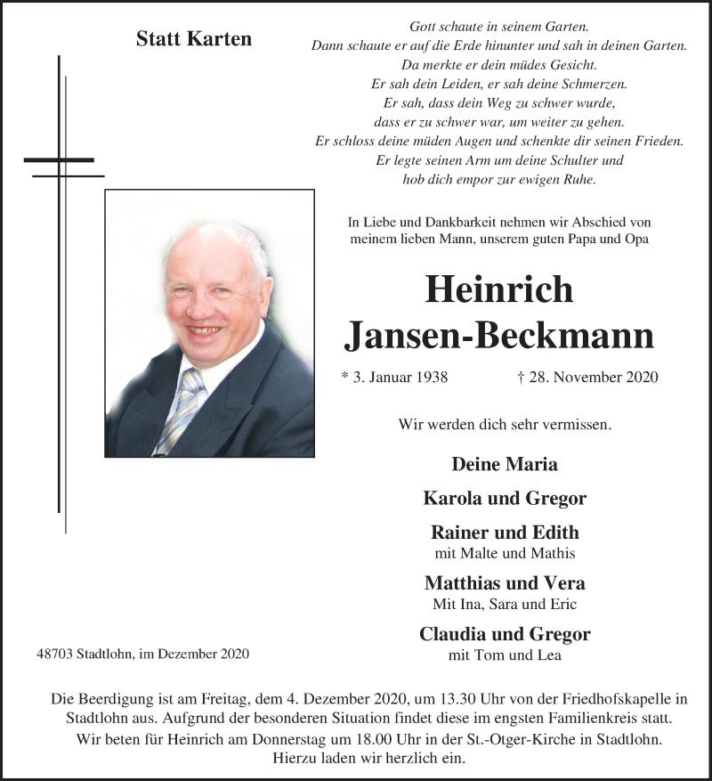  Traueranzeige für Heinrich Jansen-Beckmann vom 01.12.2020 aus Münstersche Zeitung und Münsterland Zeitung