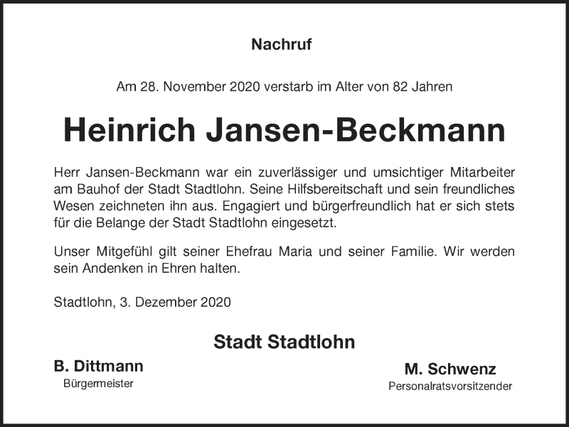  Traueranzeige für Heinrich Jansen-Beckmann vom 04.12.2020 aus Münstersche Zeitung und Münsterland Zeitung