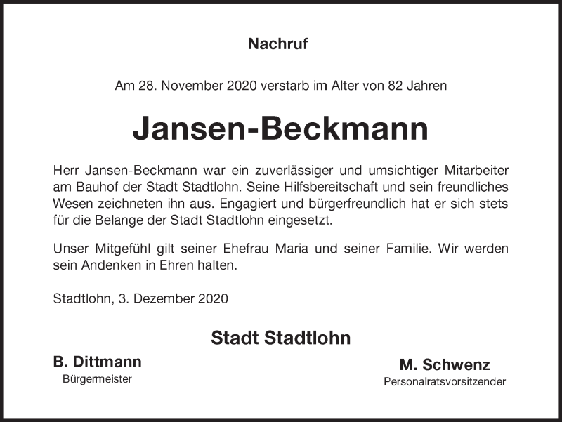  Traueranzeige für Heinrich Jansen-Beckmann vom 03.12.2020 aus Münstersche Zeitung und Münsterland Zeitung