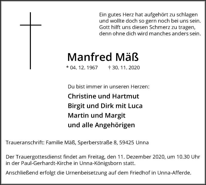  Traueranzeige für Manfred Mäß vom 04.12.2020 aus Hellweger Anzeiger