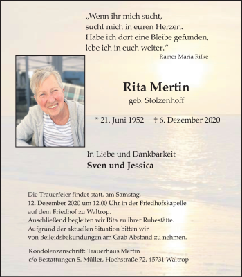 Traueranzeigen Von Rita Mertin Sich Erinnern De