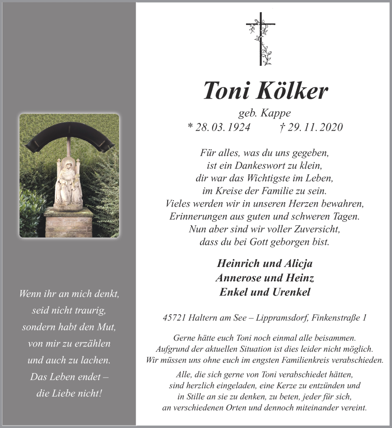 Traueranzeige für Toni Kölker vom 02.12.2020 aus Ruhr Nachrichten und Halterner Zeitung