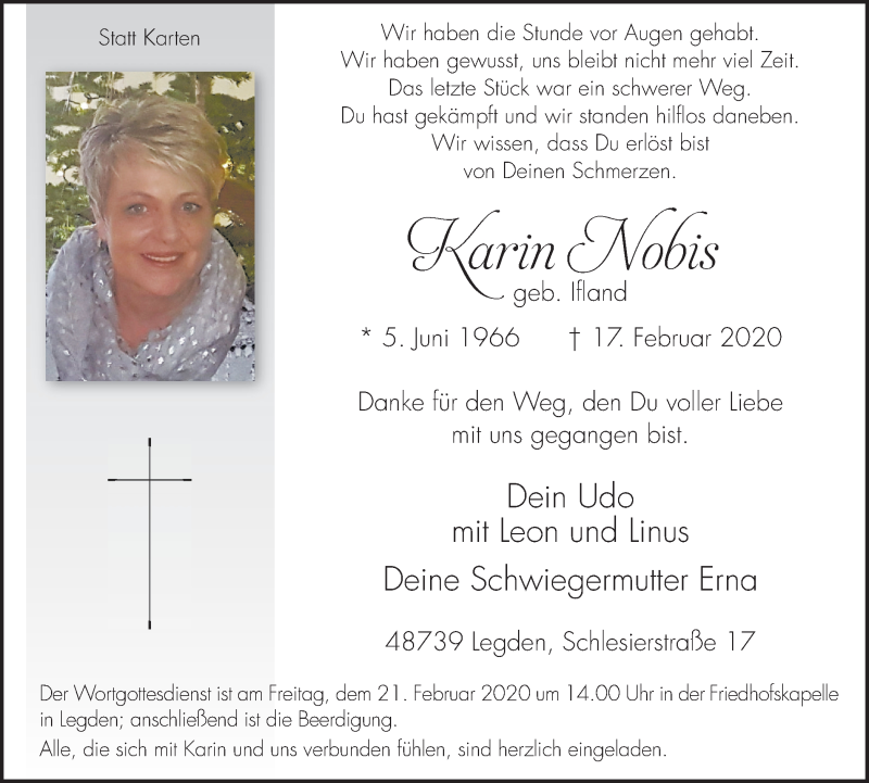  Traueranzeige für Karin Nobis vom 19.02.2020 aus Münstersche Zeitung und Münsterland Zeitung