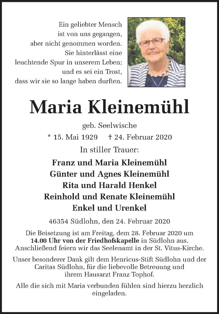  Traueranzeige für Maria Kleinemühl vom 26.02.2020 aus Münstersche Zeitung und Münsterland Zeitung