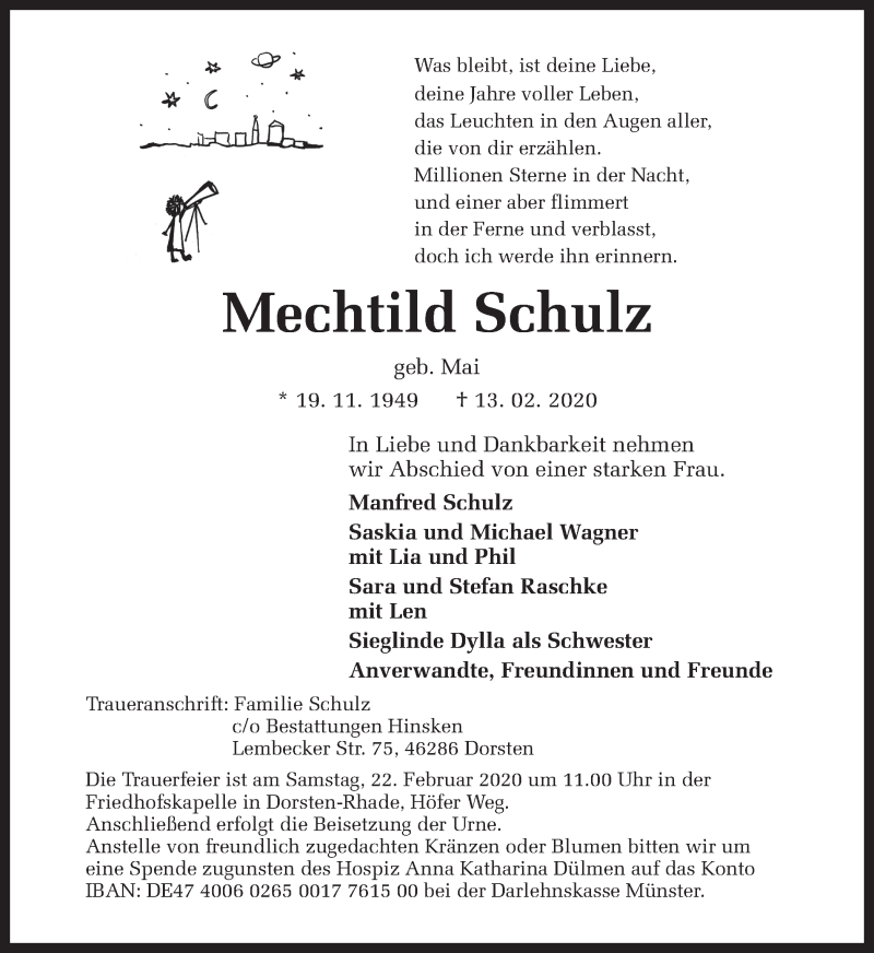  Traueranzeige für Mechtild Schulz vom 18.02.2020 aus Ruhr Nachrichten und Dorstener Zeitung