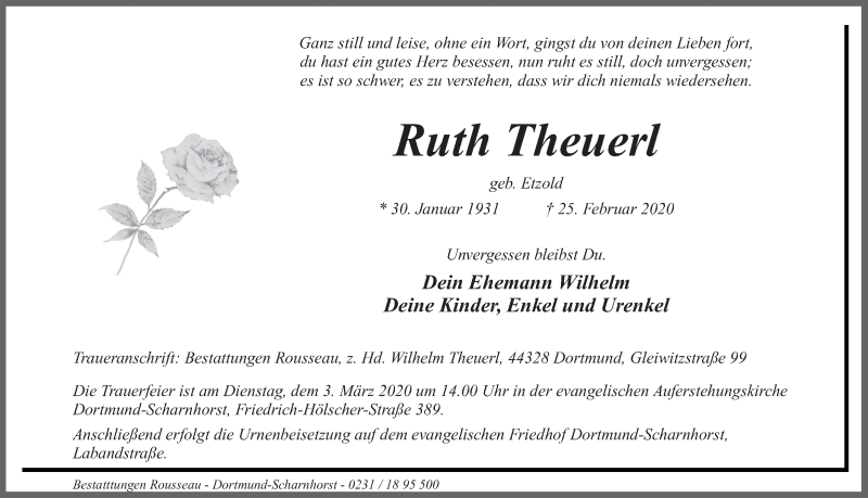  Traueranzeige für Ruth Theuerl vom 27.02.2020 aus Ruhr Nachrichten