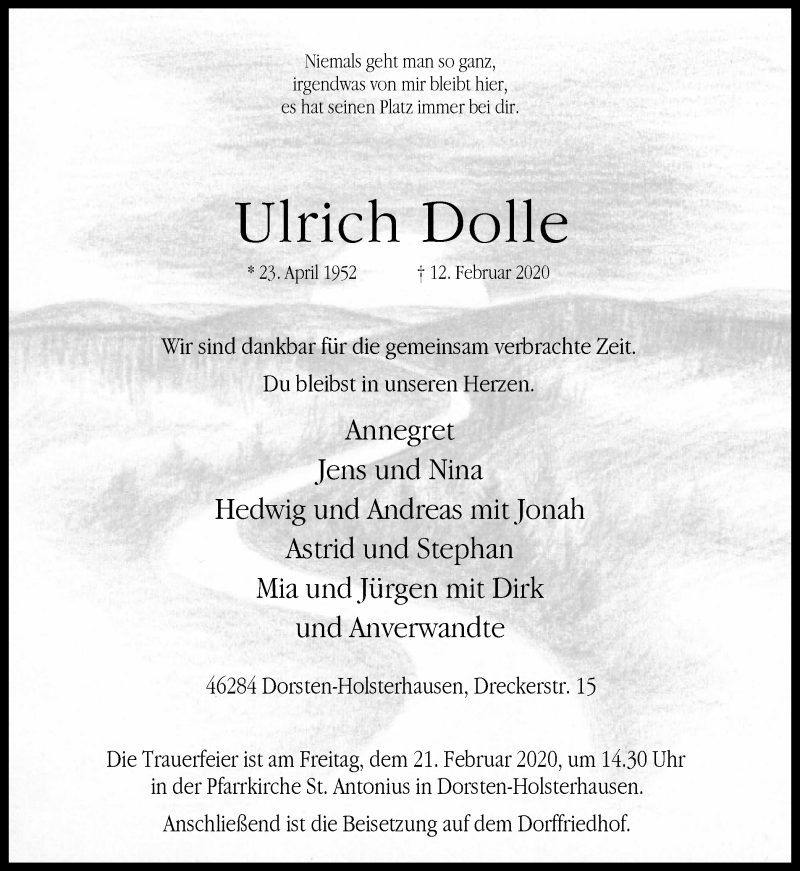  Traueranzeige für Ulrich Dolle vom 17.02.2020 aus Ruhr Nachrichten und Dorstener Zeitung