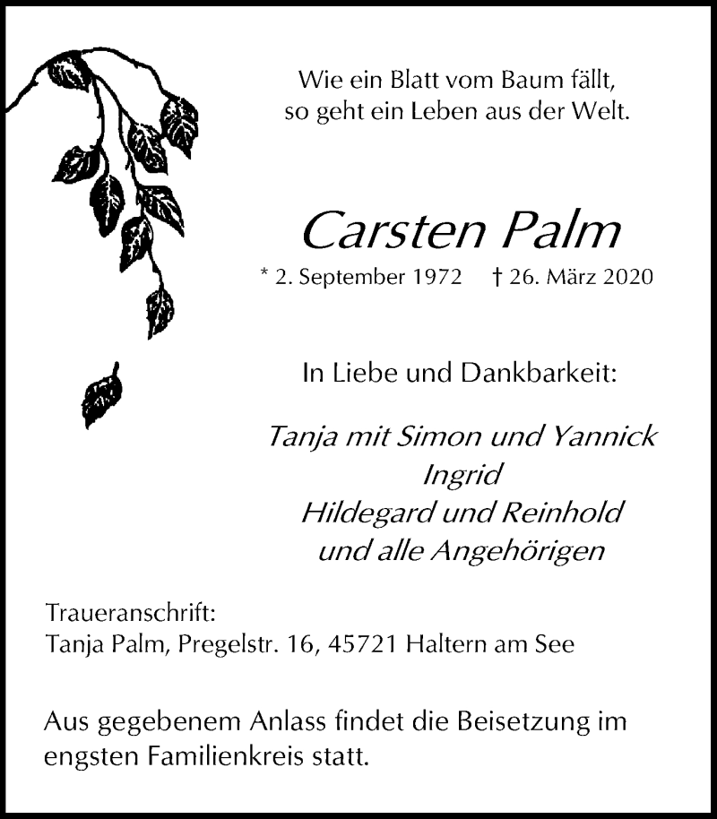  Traueranzeige für Carsten Palm vom 28.03.2020 aus Ruhr Nachrichten und Halterner Zeitung