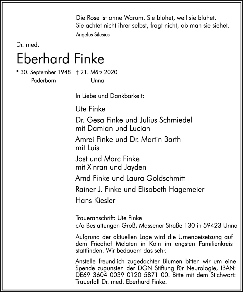  Traueranzeige für Eberhard Finke vom 28.03.2020 aus Hellweger Anzeiger