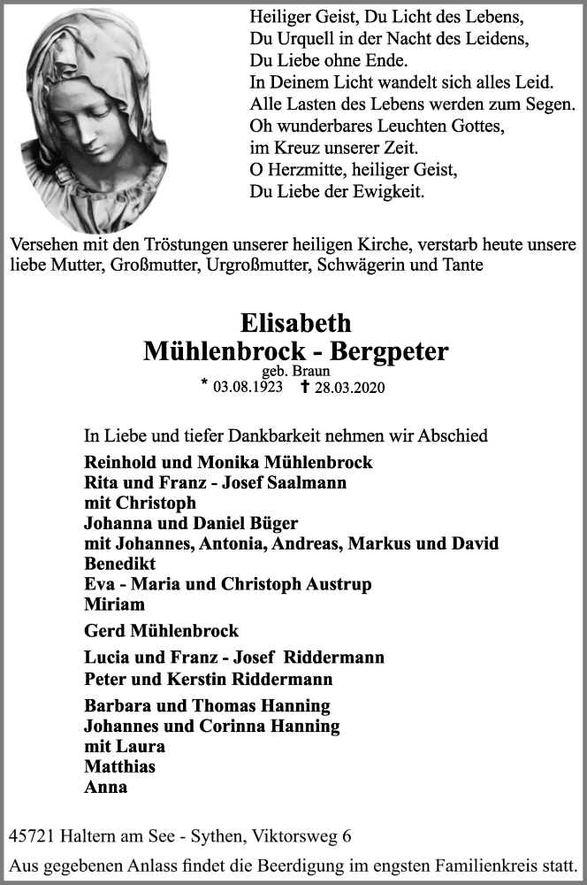  Traueranzeige für Elisabeth Mühlenbrock-Bergpeter vom 30.03.2020 aus Ruhr Nachrichten und Halterner Zeitung