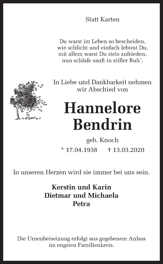  Traueranzeige für Hannelore Bendrin vom 24.03.2020 aus Ruhr Nachrichten