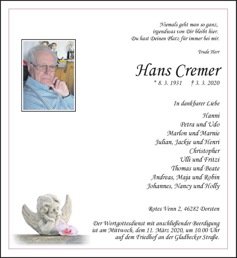  Traueranzeige für Hans Cremer vom 09.03.2020 aus Ruhr Nachrichten und Dorstener Zeitung