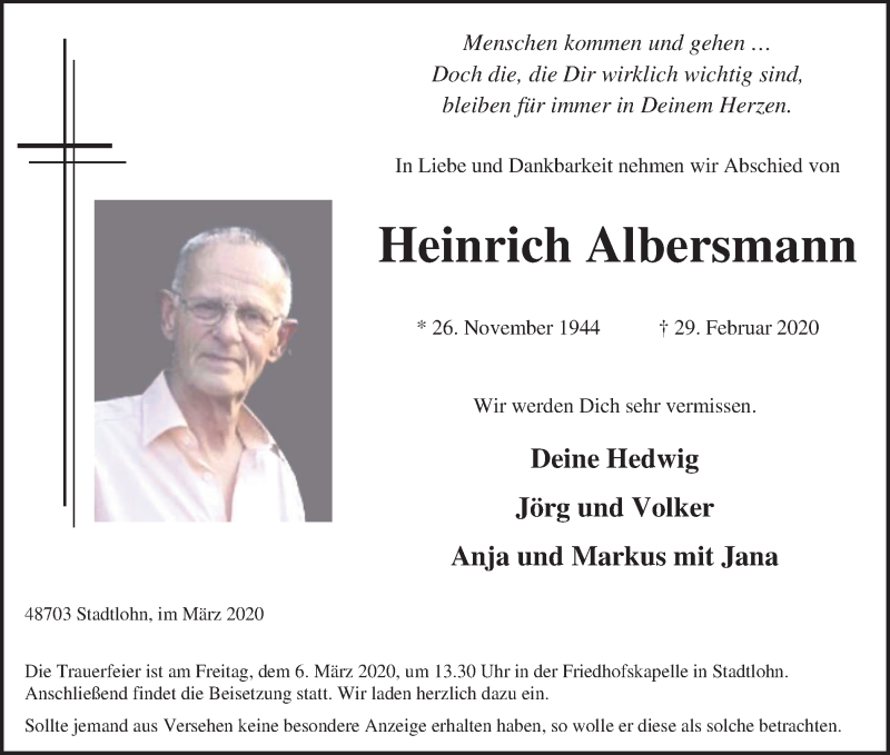  Traueranzeige für Heinrich Albersmann vom 04.03.2020 aus Münstersche Zeitung und Münsterland Zeitung
