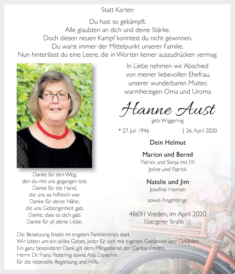  Traueranzeige für Hanne Aust vom 29.04.2020 aus Münstersche Zeitung und Münsterland Zeitung