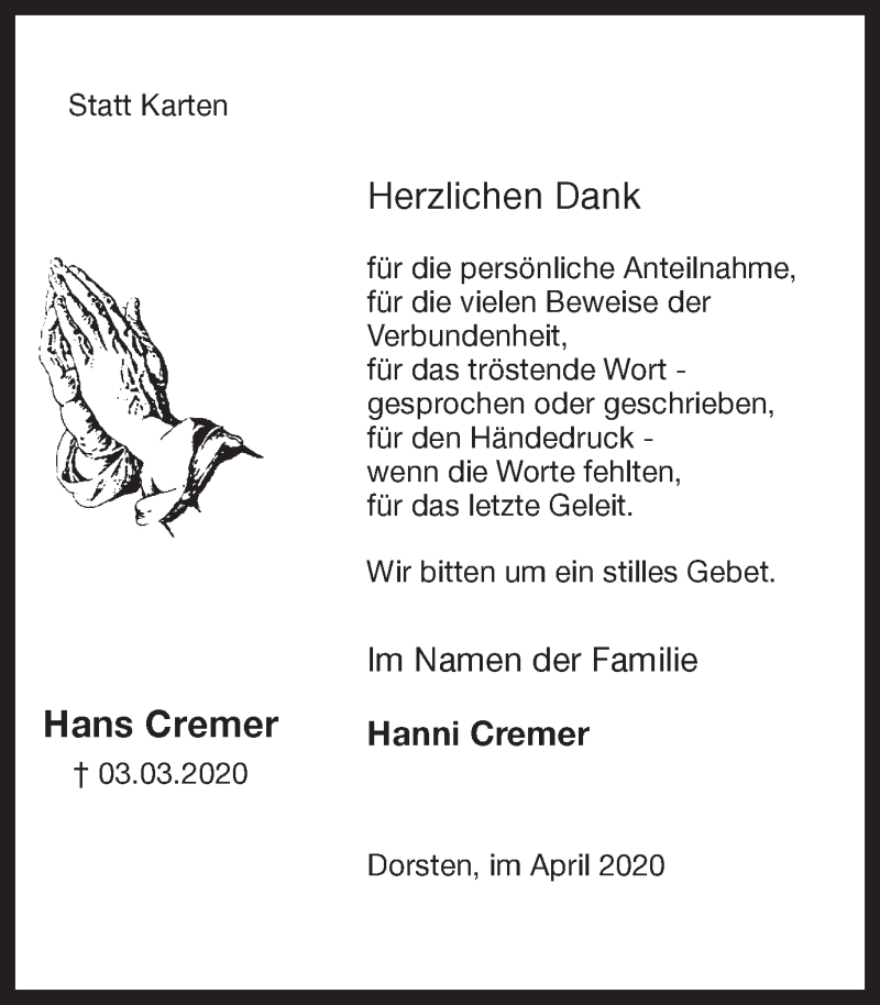  Traueranzeige für Hans Cremer vom 11.04.2020 aus Ruhr Nachrichten und Dorstener Zeitung