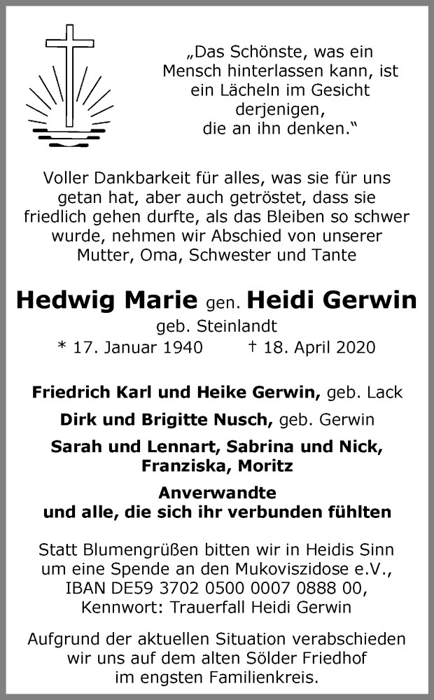 Traueranzeigen Von Hedwig Marie Gerwin Sich Erinnern De