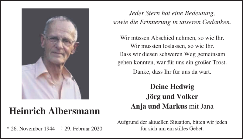  Traueranzeige für Heinrich Albersmann vom 18.04.2020 aus Münstersche Zeitung und Münsterland Zeitung