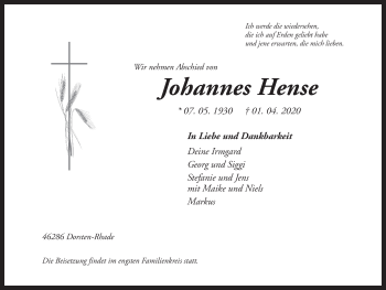 Traueranzeigen Von Johannes Hense Sich Erinnern De