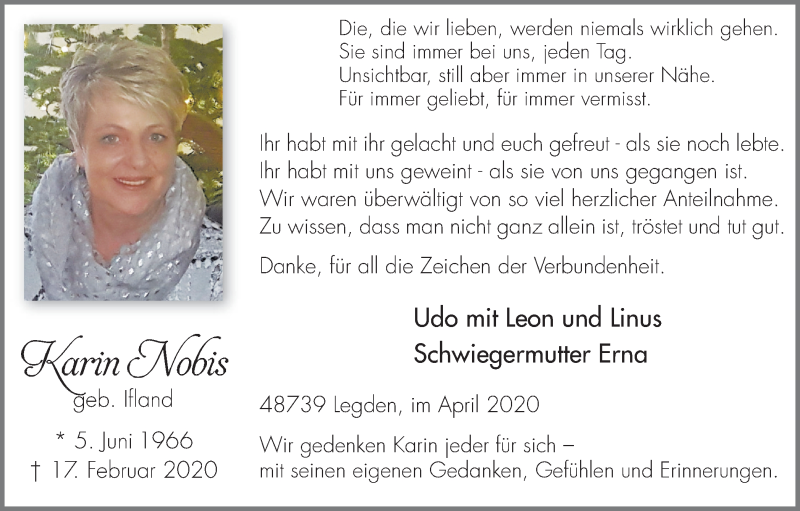  Traueranzeige für Karin Nobis vom 04.04.2020 aus Münstersche Zeitung und Münsterland Zeitung