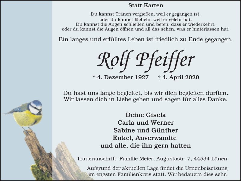 Traueranzeigen Von Rolf Pfeiffer Sich Erinnern De