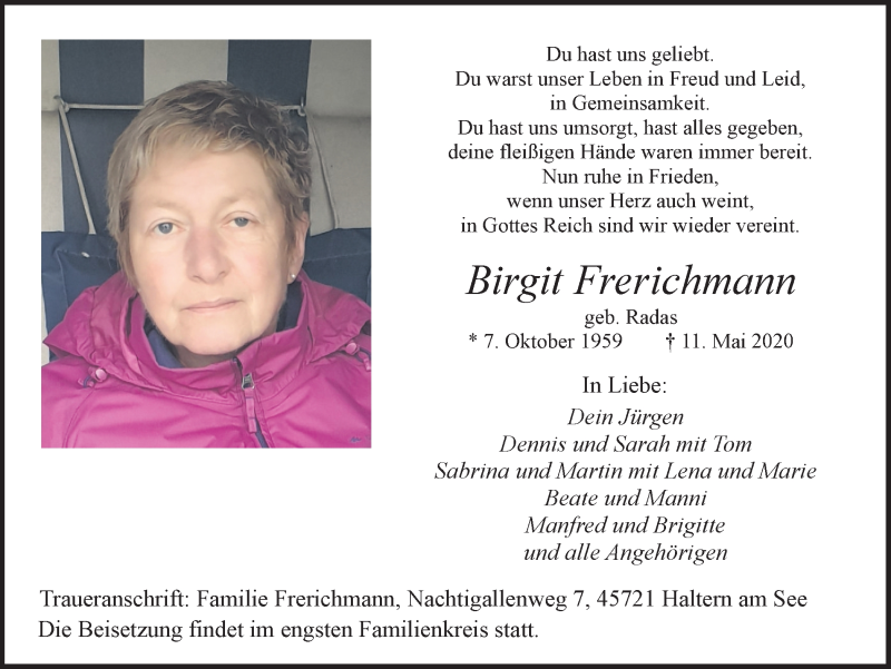  Traueranzeige für Birgit Frerichmann vom 12.05.2020 aus Ruhr Nachrichten und Halterner Zeitung