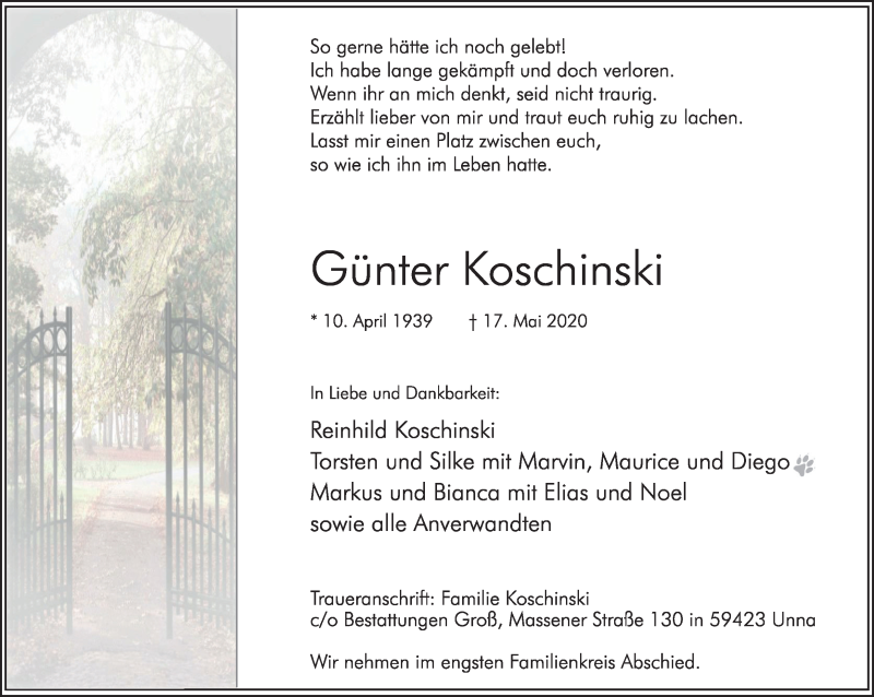  Traueranzeige für Günter Koschinski vom 23.05.2020 aus Ruhr Nachrichten
