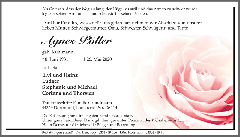  Traueranzeige für Agnes Pöller vom 03.06.2020 aus Ruhr Nachrichten