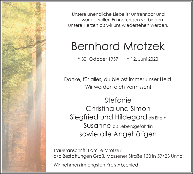  Traueranzeige für Bernhard Mrotzek vom 20.06.2020 aus Hellweger Anzeiger