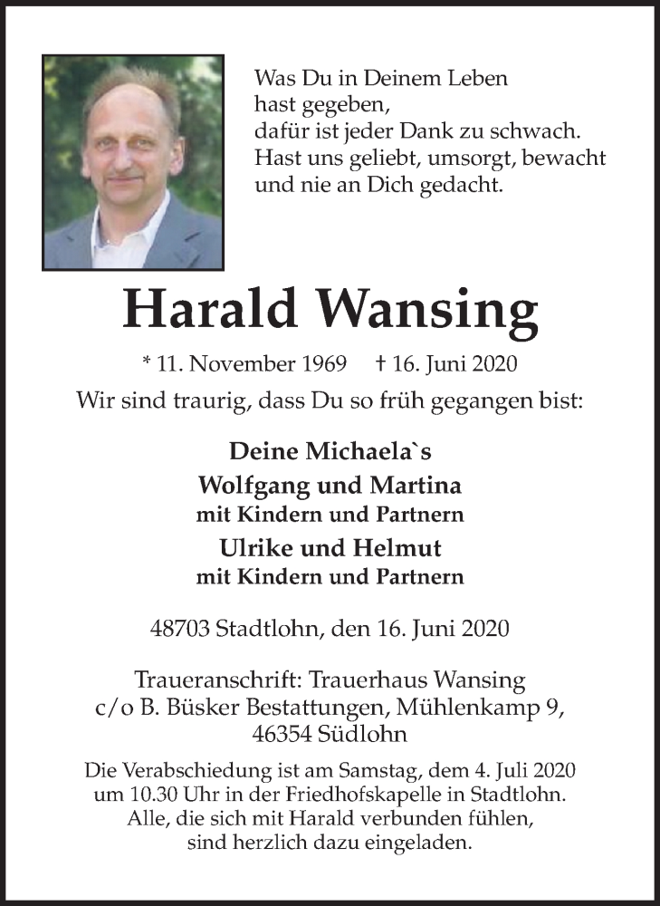 Traueranzeige für Harald Wansing vom 27.06.2020 aus Münstersche Zeitung und Münsterland Zeitung