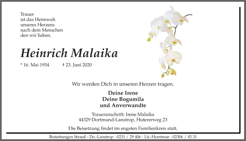 Traueranzeige für Heinrich Malaika vom 27.06.2020 aus Ruhr Nachrichten