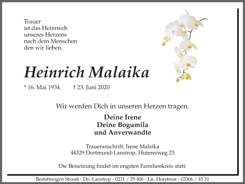  Traueranzeige für Heinrich Malaika vom 27.06.2020 aus Ruhr Nachrichten