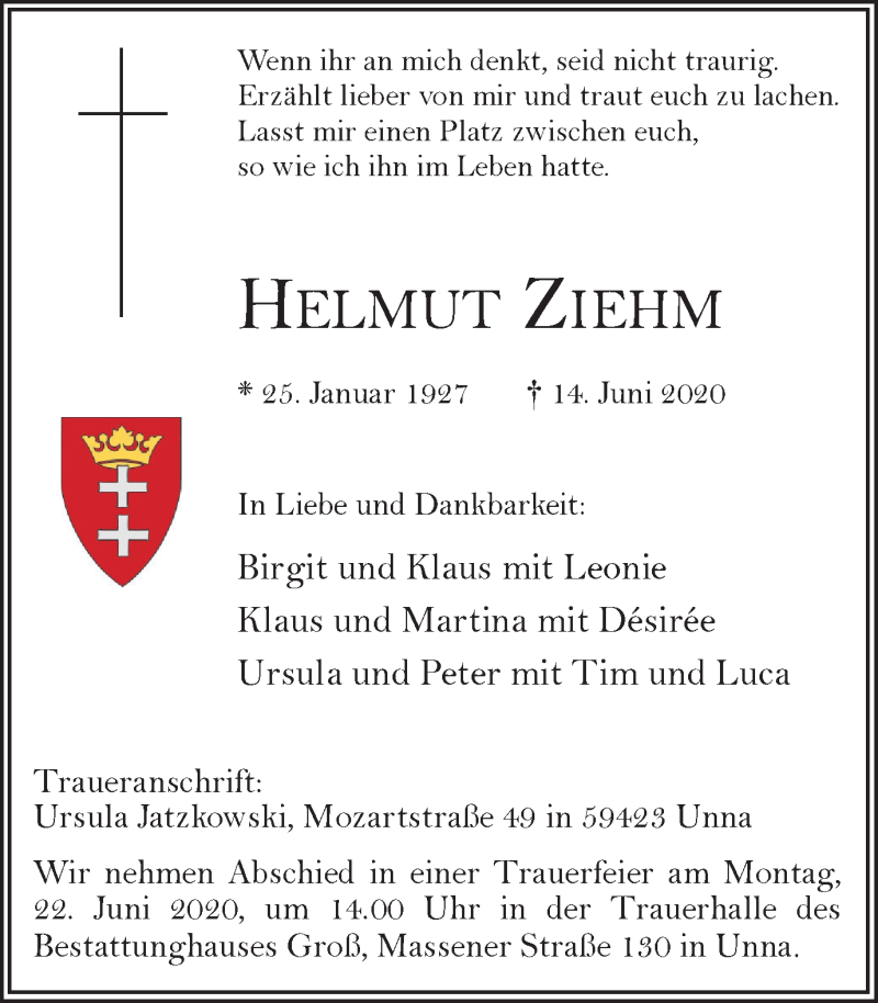  Traueranzeige für Helmut Ziehm vom 17.06.2020 aus Hellweger Anzeiger