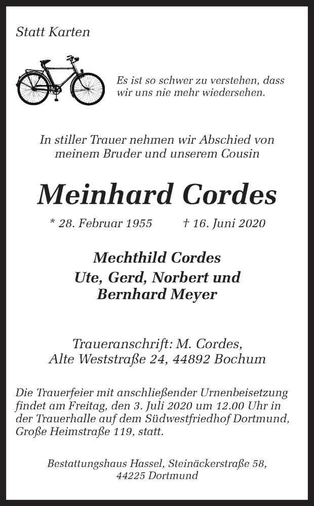  Traueranzeige für Meinhard Cordes vom 27.06.2020 aus Ruhr Nachrichten