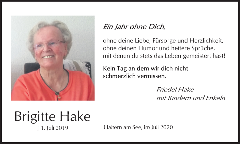  Traueranzeige für Brigitte Hake vom 01.07.2020 aus Ruhr Nachrichten und Halterner Zeitung