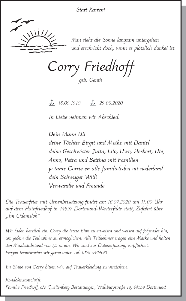  Traueranzeige für Corry Friedhoff vom 04.07.2020 aus Ruhr Nachrichten