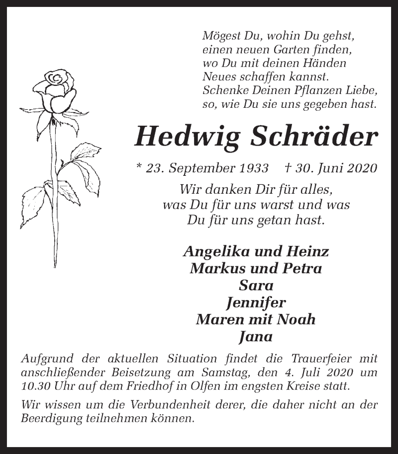  Traueranzeige für Hedwig Schräder vom 02.07.2020 aus Ruhr Nachrichten