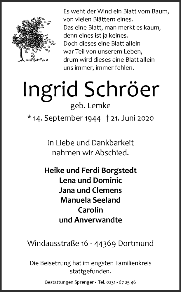  Traueranzeige für Ingrid Schröer vom 11.07.2020 aus Ruhr Nachrichten